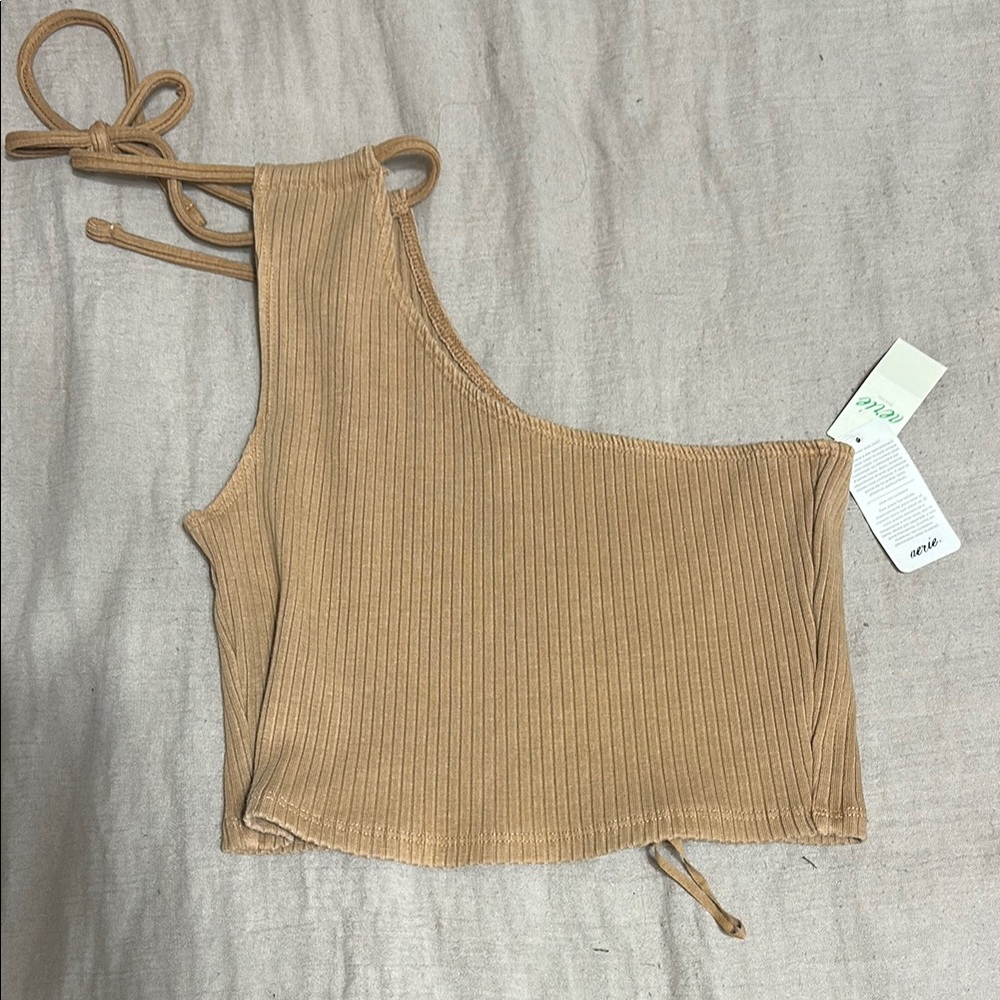 Aerie Tan Asymmetrical Ribbed Crop Tank Top